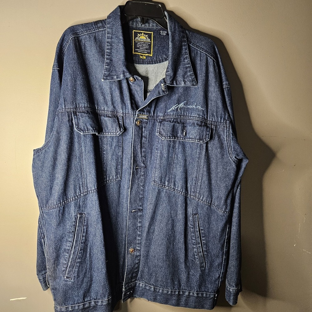 Meoshe Blue Denim Jacket Button Front Pockets Embroidered Logo Men's XL
